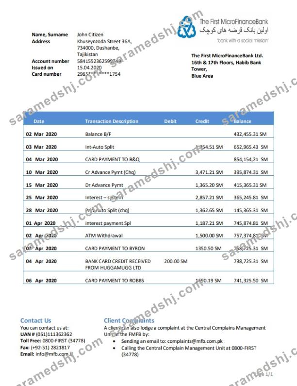 Tajikistan The First MicroFinance (FMFB) Bank statement